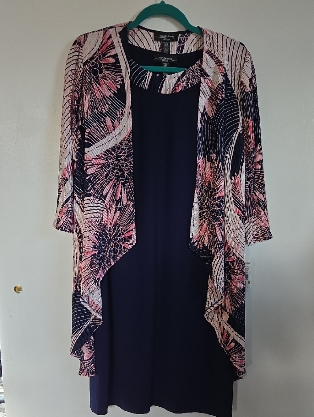 R&M Richards Navy Dress with Pink Floral Printed Jacket